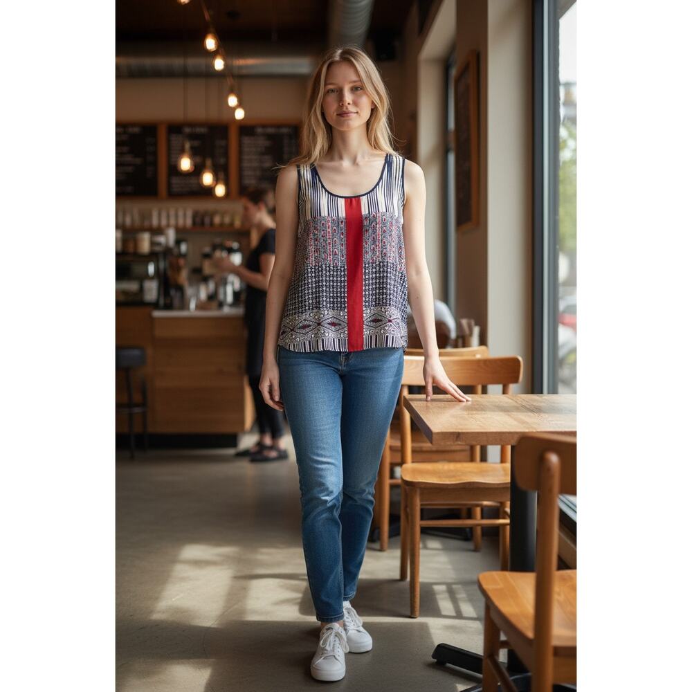 Alfani Modern Stripe & Geo Print Sleeveless Blouse (M)